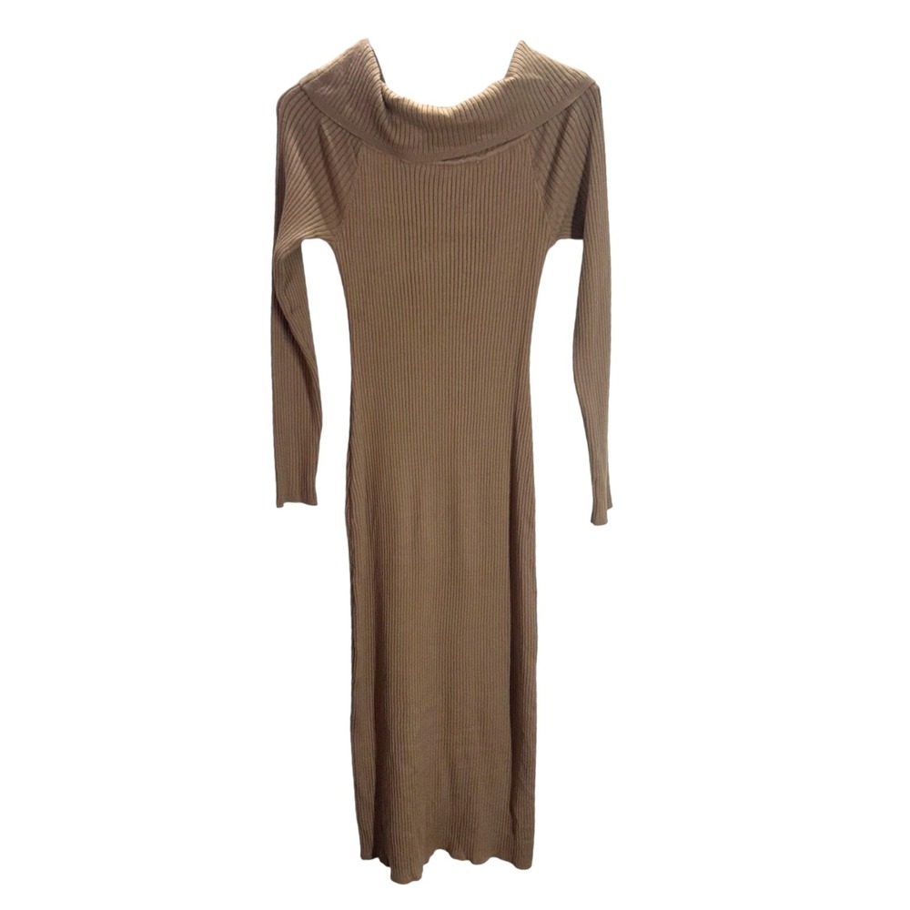 Off Shoulder Rib Knit Sweater Dress M Camel Midi Long Sleeve Quiet Luxury Date